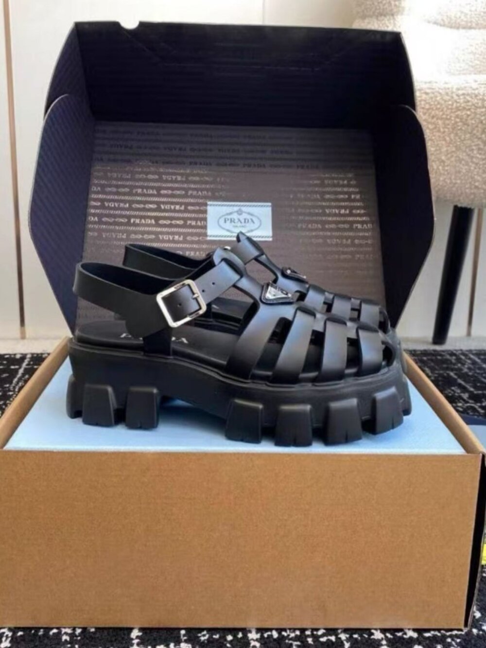 Prada Vintage Black Fisherman Cage Lug Sole Platform Sandals - Picture 2 of 9